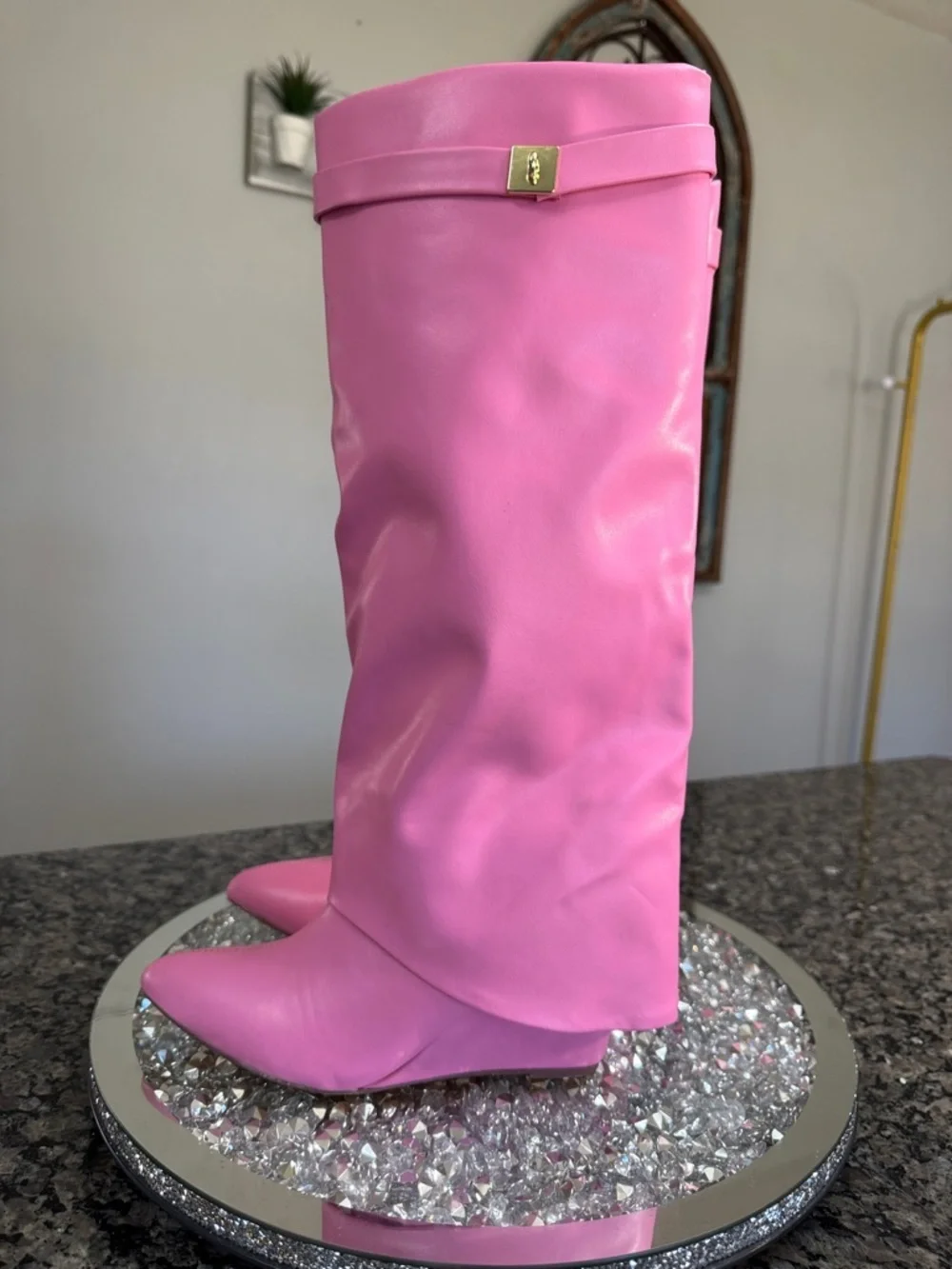 Pink Women's Knee-High skirted wedge Fashion Boots